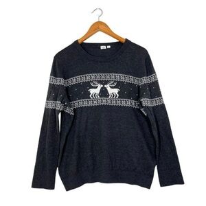 GAP Fair Isle Reindeer‎ Holiday Sweater Gray White Women's XL Cabin Core